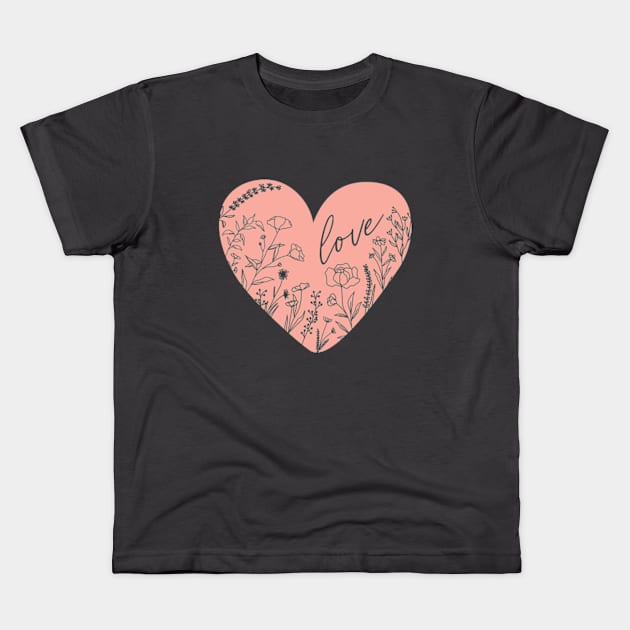 Wild Flowers Love Heart Silhouette, Rose Pink © GraphicLoveShop Kids T-Shirt by GraphicLoveShop